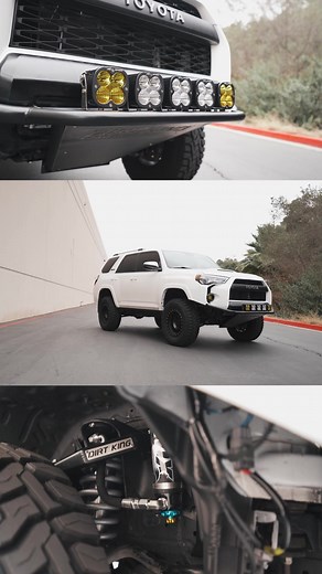 Clean 4Runner build with the goods! It’s equipped with our boxed upper control arms, performance lower control arms, Fox 2.5 coilovers, custom front bumper, and Baja Designs XL Sport lights. #DirtKing #DirtKingFabrication #Toyota4Runner | Dirt King