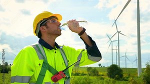 Smart engineer wearing protective helmet drinking water while working at electrical turbines field