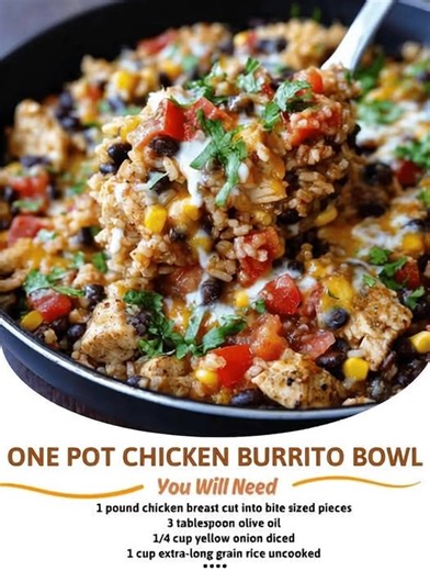 2.6K views | ONE POT CHICKEN BURRITO BOWL  Ingredients : 1 pound chicken breast cut into bite sized pieces 3 tablespoon olive oil 1/4 cup yellow onion diced 1 cup extra-long grain rice uncooked 1 14.5 oz can diced tomatoes drained 1 15 oz can black beans drained and rinsed 1 teaspoon garlic powder 1 teaspoon onion powder 2 teaspoons chili powder Recipe in First Coʍmеոτ  Enjoy ❤️ | Jesus Never Fails | Facebook
