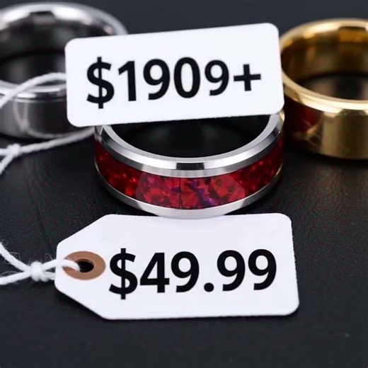 Men & Women's Silver Tone High Polished Tungsten Carbide Matching Wedding Bands with Red Opal Inlay