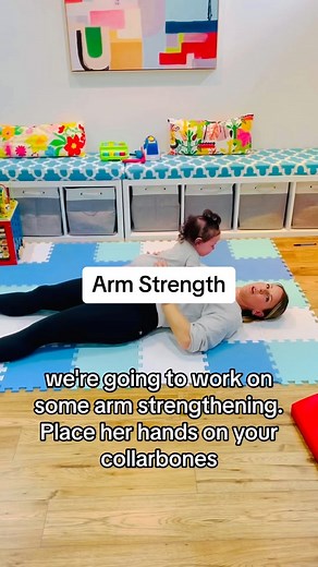 This is a great exercise that you can do with your baby to strengthen their upper extremities and also bond with your baby at the same time! ⭐️It can be started around 4-5 months old! Don’t worry if your baby can’t keep their arms straight when you first try the exercise. Make sure to place their hands on your collar bones ( or firm part of your chest) ⭐️ To make it easier for your baby try and hold your baby higher up under their waist or chest-this will help unweight their arms to make it easi