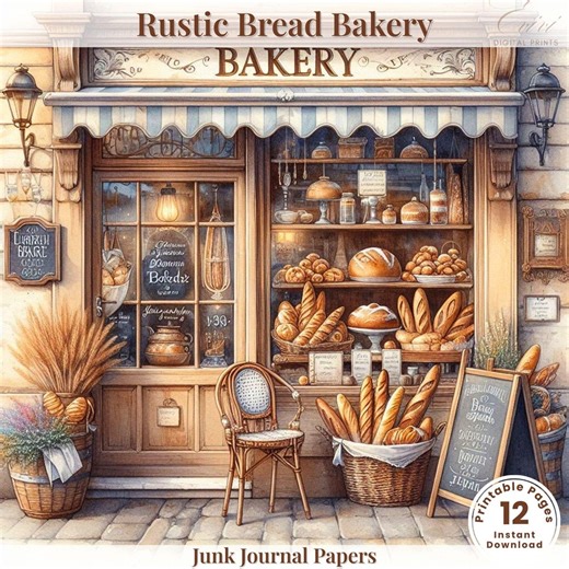 Vintage Bread Bakery Junk Journal Pages, Rustic Bakery Shop Window Printable Paper, Baguette Bread Bakery Background, Scrapbook Paper - Etsy
