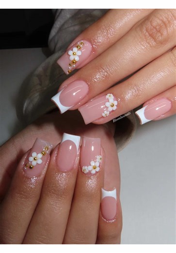 Cute Classy French Nails with Floral Details Tutorial