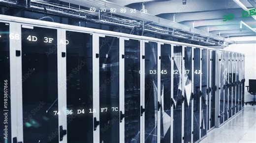 Server racks are being shown in 3D render data center, with animated code overlays