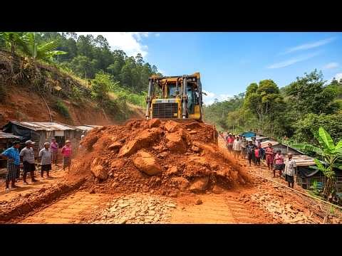 Extremely A Massive Bulldozer Building Road on Steep Mountain Cliffside & Transportation Access Road