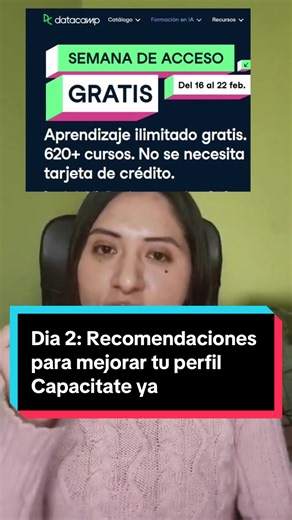 ✨ Día 2: Mejora tu perfil profesional HOY Si quieres más oportunidades laborales, no solo actualices tu CV… 📚 Capacítate. Del 16 al 22 de febrero tienes acceso a formación en DATA totalmente GRATIS 🔥 gracias a @Datacamp No dejes pasar esta oportunidad para fortalecer tu perfil en análisis de datos, SQL, Python e IA 💻📊 Comenta “DATA” y te envío el link de acceso 📩 Aprovecha ahora. Tu yo del futuro te lo va a agradecer 🚀 #CapacítateYa #CursosGratis #DataSkills @DataCamp
