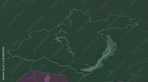 Irkutsk, region with its capital, zoomed and extruded on the administrative map of Russia in the conformal Stereographic projection. Animation 3D