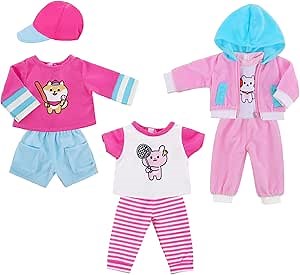 8 Piece 18 Inch Baby Doll Clothes Set - Pink & Blue Sporty Casual T-Shirts, Pants, Hoodie & Hat for 18” Dolls Outfits Accessories (No Doll)