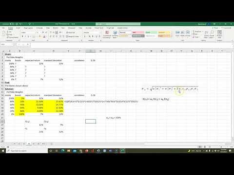 For a two stock portfolio compute return and standard deviation for various weights on Excel.