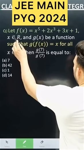 Shivang Gupta on Instagram: "JEE MAINS 2024 ( 5 April – SHIFT 1 ) Q) Let 𝑓(𝑥)=𝑥^5+2𝑥^3+3𝑥+1,𝑥∈𝑅, and 𝑔(𝑥) be a function such that 𝑔(𝑓(𝑥))=𝑥 for all 𝑥∈𝑅. Then (𝑔(7))/(𝑔^′ (7)) is equal to:(a) 7(b) 42(c) 1(d) 14 JEE MAIN PYQ 2025 ( 3 April - shift 2 ) Limits and continuity PYQ 2025 #maths Class12 #jee2026 Insta I’d- Shivanggupta34 LIMITS playlist link :; https://www.youtube.com/playlist?list=PL1BhIYe_5oFlBdXN3Q3bYHaAS1wwxXe8f Sequence and Series JEE MAINS Class 11 Playlist Link ::