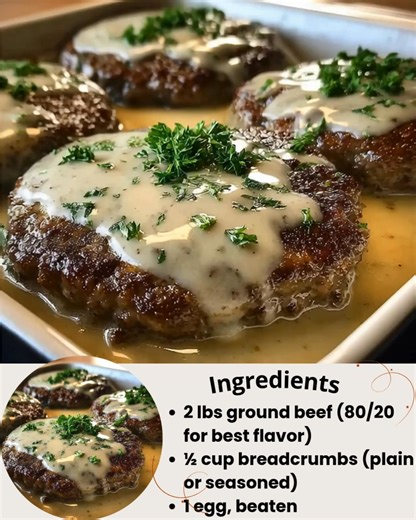 Amish Hamburger Steak Bake 🕒 Total Time: About 1 hour 30 minutes Serves: 6-8 Ingredients For the Hamburger Steaks: 2 lbs ground beef (80/20 for the best texture and flavor) ½ cup plain or seasoned breadcrumbs 1 egg, beaten 1 small onion, finely diced 2 tsp salt 1 tsp black pepper For the Creamy Gravy: 3 tbsp butter 3 tbsp all-purpose flour 2 cups low-sodium beef broth 1 cup heavy cream 1 onion, sliced 1 tsp garlic powder Instructions Mix the Patties In a large bowl, gently combine ground beef, 