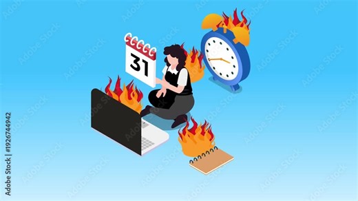 Workplace Burnout and Deadline Stress Concept with Woman Surrounded by Flaming Laptop and Clock 3d animation cartoon