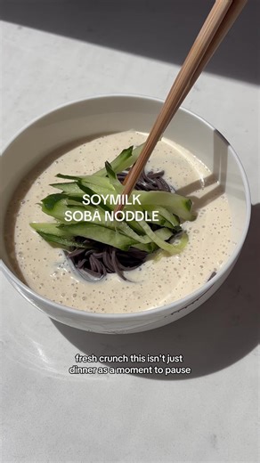 Day 1/7: Refreshing Dinner Recipes for Summer Nights - Ep. 1: SOYMILK SOBA NOODLE Ingredients: 200g soba noodles (buckwheat noodles) 1.5 cups sweetened soy milk 1 block of silken tofu, pasterized 1 tablespoon of peanut butter, creamy or crunchy Optional toppings: Soy sauce or salt (to balance sweetness) Chili oil or sesame oil (for richness) Sliced scallions, cucumber, or crushed peanuts (for crunch) Instructions: Cook the soba noodles in boiling water according to package instructions (usually 