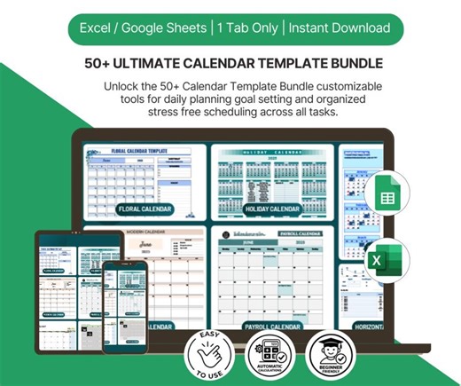 50  Calendar Templates Bundle for Excel & Google Sheets | Printable Monthly Weekly Planner | Editable Digital Calendar | Instant Download - Etsy