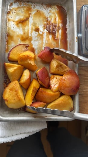 Sam on Instagram: "Peach purée treat. 🍑 Wash and cut peaches into chunks and coat in lemon juice and coconut sugar. Bake in a 350 degree oven for thirty minutes, remove and blend in a high speed blender. Use for vanilla ice cream with frozen lime shavings and French salt, or yogurt bowls with granola."