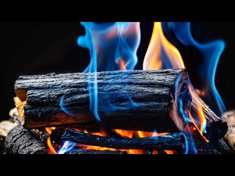 Experience a Cozy Fireplace with Vibrant Blue and Orange Flames Dancing on Burning Logs