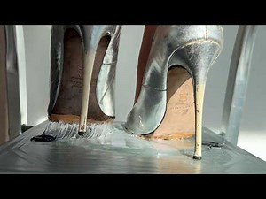 Girl stuck on ladder in glue, high heels stuck, shoes in glue, high heels stuck in glue (# 1693)