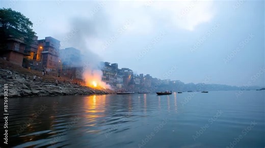 detailed panoramic scene of Manikarnika Ghat in Varanasi at the Ganges River ancient red-brick and sandstone temple structures rising above the burning ghats, multiple cremation