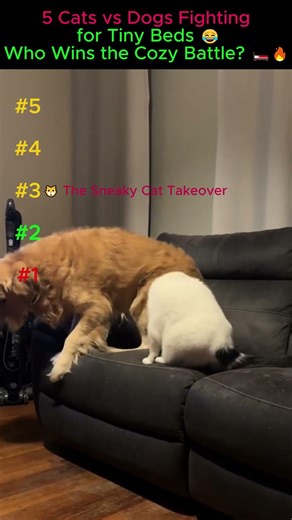 5 Cats vs Dogs Fighting for tiny Beds 😂 Who Wins the Cozy Battle? 🛏️🔥 #CatsVsDogs #FunnyAnimals