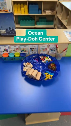 Preschool Play-Doh center—ocean edition! 🌊🐚 This week we’ve got real seashells, translucent textured shells (linked on my Amazon storefront!), ocean animal manipulatives, ocean-themed cookie cutters, and rollers. Simple, hands-on ocean fun that’s perfect for fine motor play and creativity! | Preschool Vibes