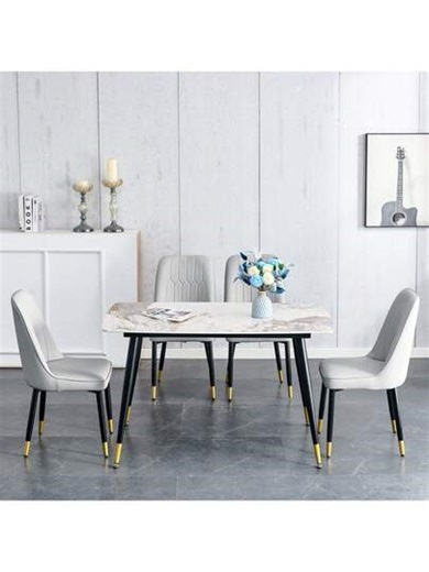 Modern 48.4'' Rectangular Sintered Stone Dining Table Set With 4 PU Leather Upholstered Chairs, Marble-Look Durable Slate Tabletop Kitchen Dining Set With Metal Frame, Scratch And Heat Resistant Surface For Dining Room, Apartment, Home Kitchen And Breakfast Area, For Christmas Gift. | SHEIN
