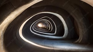 Abstract spiral tunnel with natural lighting creating intriguing shadows. The curves, smooth surfaces of tunnel provide sense of depth, movement, for architectural, artistic themes