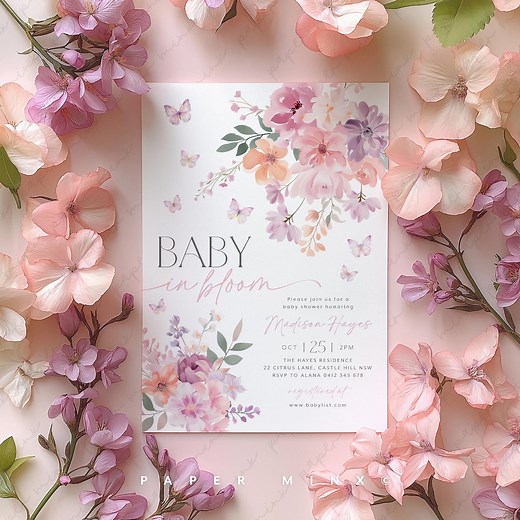Baby in Bloom Invitation, Butterfly Baby Shower Invitation Girl, Pink Purple Butterflies Wildflower Invite Printable Baby in Bloom Shower - Etsy