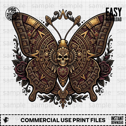 Mayan Butterfly Skull PNG, Aztec Calendar Gold Effect, DTF Sublimation Design - Etsy
