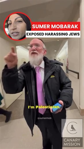 Canary Mission on Instagram: "Sumer Mobarak, a self-described activist, verbally targeted a visibly Jewish man, shouting, “Free Palestine” at him solely based on his appearance. She also accused him of being a “baby killer.” Mobarak has a long history of harassment and involvement in pro-terror activity: - Admitted she was arrested during the First Intifada, describing participation in riots where tires were burned and stones were thrown at Israeli soldiers - Shared content glorifying armed Hama