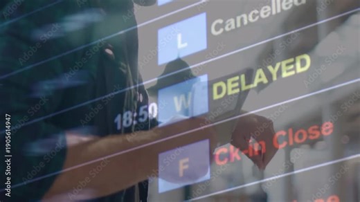 Flights delayed and canceled on departure board, flight delay footage. Device screen with airport flight information.