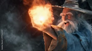 laughing wizard casting a firebal, fantasy scene with magical combat