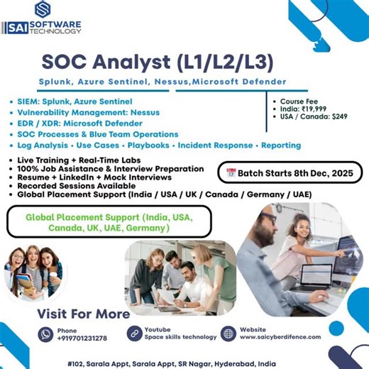 Bandi Lokeswar Reddy on Instagram: "*SOC Analyst L1 / L2 / L3 Training – New Batch Starting 8th Dec 2025 🔥* *Become a SOC Expert with Real-Time Hands-on Training* Tools Covered: *🟡 Splunk | 🔵 Azure Sentinel (SIEM) | 🔴 Microsoft Defender | 🟢 Nessus* 🚀 What You Will Learn * Cyber Security Fundamentals & SOC Operations * SIEM, SOAR, EDR Concepts * Monitoring, Detection & Investigation Techniques * Log Analysis & Threat Hunting * Incident Response & Case Management * MITRE ATT&CK Framework * U