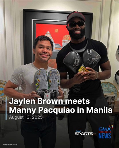 JAYLEN 🤝 MANNY Boston Celtics star Jaylen Brown met boxing icon Manny Pacquiao on Tuesday. The two even played a game of chess at Pacquiao’s residence. Brown gifted a pair of shoes from his own line, while Pacquiao gave him a signed pair of boxing gloves. The visit came weeks after Pacquiao's match against Mario Barrios which ended in a majority draw. READ MORE: https://www.gmanetwork.com/news/sports/basketball/955733/jaylen-brown-meets-manny-pacquiao-in-manila/story/ | GMA Sports PH