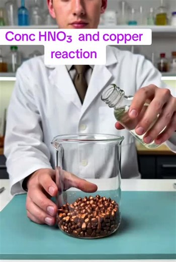 Copper reacts with concentrated nitric acid, producing a blue solution and brown fumes during the reaction. Can you name the brown gas produced? Comment your answer below 👇 #ChemistryExperiment #GCSEChemistry #ScienceQuiz #ChemistryTok #LearnScience
