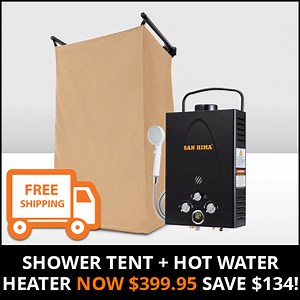 SHOWER TENT & WATER HEATER - NOW $399.95, SAVE $134! The SAN HIMA shower tent is made of 420D Ripstop, UV resistant Oxford fabric and the 6063-grade Aluminium frame is strong and corrosion resistant. The SAN HIMA hot water system is designed to provide instant hot water and deliver up to 8 litres of hot water per minute as long as you have a water source and gas bottle. Click https://fal.cn/3wRRx to view more. | Everything Caravan & Camping | Facebook