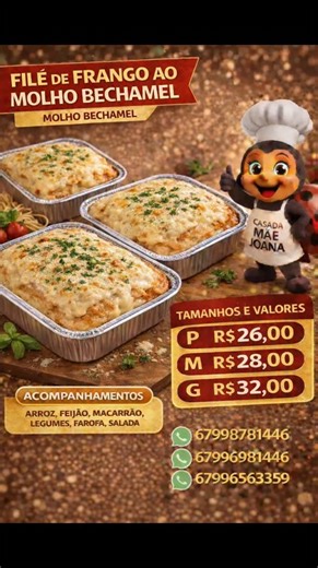Sidnei Bronka Lemos on Instagram: "😎 *BOM DIA COM ALEGRIA* 🐞🏡 Prato do dia 🐔 *Filé de frango ao molho bechamel* 🧀 P R$26,00 M R$ 28,00 G R$ 32,00 Arroz, feijão, macarrão, legumes, farofa, salada Barato do dia 🐔 FILE DE FRANGO* P R$ 20,00 M R$ 22,00 G R$ 25,00 EXECUTIVA R$38,00 ARROZ , feijão , legumes, macarrão **FILE DE FRANGO* FAROFA ,SALADA 🧅Opção 2 P R$22,99 M R$ 24,99 G R$ 27,99 EXECUTIVA R$32,00 Arroz, Feijão, Macarrão, *Bife acebolado* , legumes farofa e Salada. 🍳Opção 3 P R$26,00