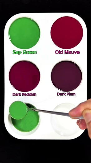 Create 4 colors from 2 colors: Sap Green + Old Mauve #asmr #mixingcolors #mix #colormixing #colors