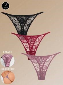 3pcs Women's Low-Rise Sexy Lace G-String With Flower Pattern Sexy Lingerie | SHEIN USA