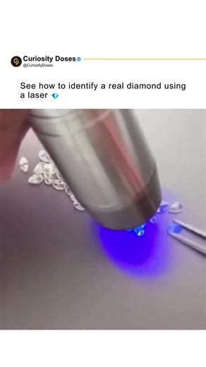 Curiosity Doses on Instagram: "The laser test is an effective way to identify real diamonds thanks to their high refractive index and unique crystal structure, which causes light to scatter differently than in fakes. When you shine a laser beam through a diamond, the light doesn't travel in a straight line. Instead, it diffuses internally, creating a brilliant, scattered pattern, and usually doesn't come out "clean" on the other side. On the other hand, imitations like glass or cubic zirconia al