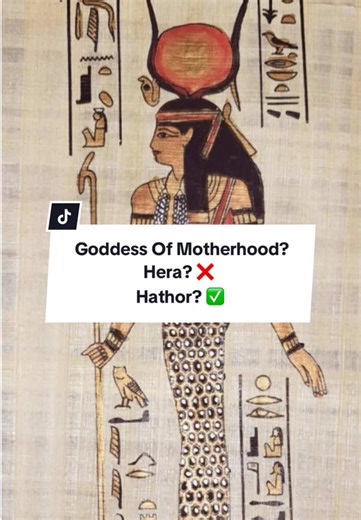 Hathor was a major, versatile ancient Egyptian goddess of love, beauty, music, dance, fertility, motherhood, joy, and the afterlife, often depicted as a cow or a woman with cow ears/horns and the solar disk, representing nourishment, celestial power, and maternal care, serving as the mother/consort of Horus and Ra, protecting women, and guiding the dead, with her worship centered at Dendera. #greekgods #hera #egypt #egyptian #greekmythology