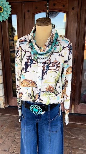 🤠 Saddle up in style! This western pearl snap shirt is giving all the ranch-ready vibes with its desert print and classic snap details. Pair it with your favorite denim and turquoise for that perfect Southwestern look. 🌵 Cowboy cream pearl snap shirt $65.90 size small, medium, large and extra large. 🌵Turquoise flower buckle on black belt $64.95 🌵 Ask about the jewelry! Available now at Rebecca’s – where western charm meets everyday wear! 👉To order leave your email address, size and items yo