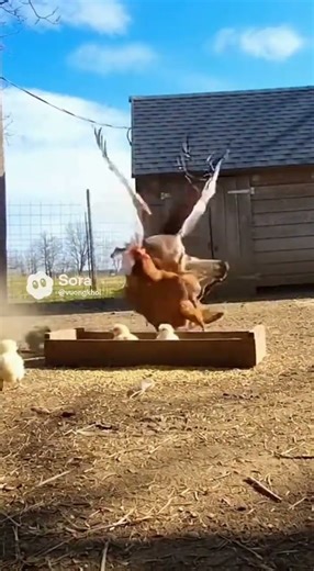 Mother Hen Fights Hawk to Protect Her Chicks