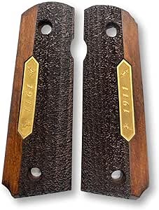 1911 Premium Wood Grips, Gold - Black Metal Logo, 1911 Accessories, 1911 Ambi Safety Cut Grips, Widely Fits All 1911 Models (Logo *1911*, Granular Pattern, Golden Color Metal Logo)