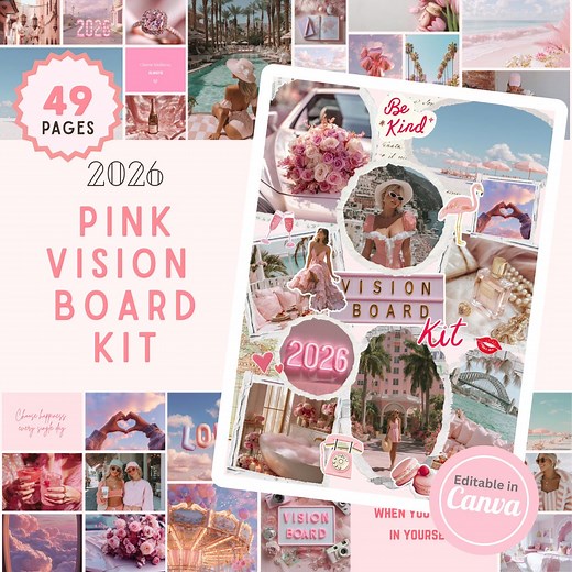 2026 Pink Vision Board Kit: 350  Elements, Images, Stickers, and Canva Template - Etsy