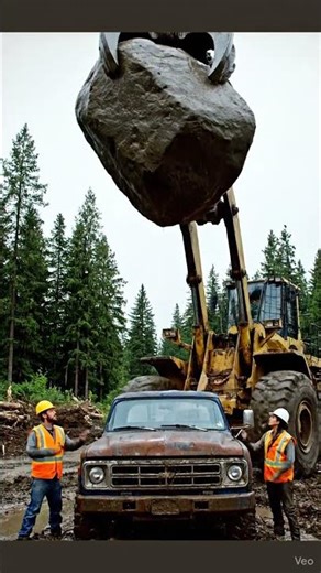 Log Loader Drops Boulder on Pickup Truck in Forest Yard!