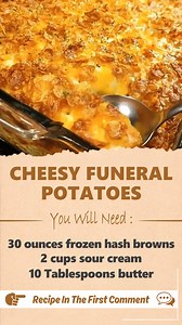 Funeral Potatoes Ingredients: 30 oz frozen hash browns, thawed (diced or shredded) 2 cups sour cream 10.5 oz can cream of chicken soup 10 tbsp butter, divided, melted 1 tsp salt 1/4 tsp black pepper 1 tsp dried minced onion 2 cups shredded cheddar cheese 2 cups corn flakes cereal Instructions: Thaw the hash browns overnight or warm them in the oven at 200°F (93°C) for about 20 minutes. Preheat oven to 350°F (175°C). In a bowl, mix sour cream, cream of chicken soup, 6 tbsp melted butter, salt, pe