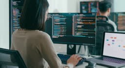 Group Asia male, female freelance typing write prompt AI bot IT app...