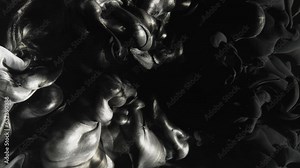 Ink water shot. Fluid splash. Reveal effect. Black silver gray glitter paint mix motion dust particles floating on dark abstract art background.