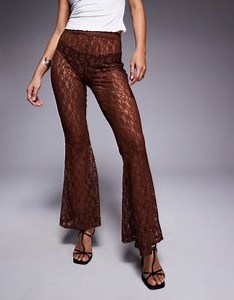 ASOS DESIGN extreme flare high waist sheer lace pants in brown | ASOS