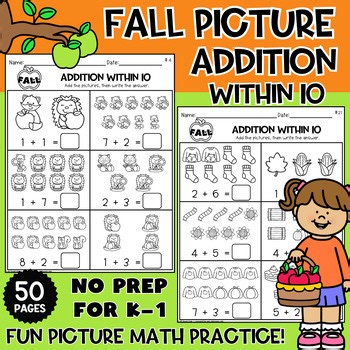Fall Addition Worksheets Autumn Picture Addition Within 10 Kindergarten & 1st